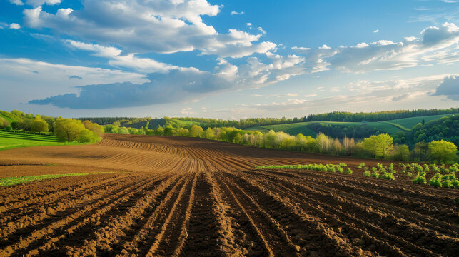 The scene displays a rich agricultural landscape bathed in the golden light of the evening with contrasting dark soil leading the eye towards a verdant horizon