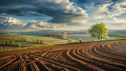 A single tree stands out against a dramatic sunset sky in a freshly plowed agricultural field