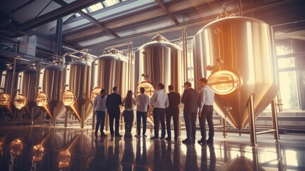 Craftsmanship and quality  workers inspecting golden brew in traditional brewery facility