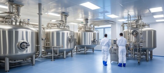 Cutting edge brewery lab  technicians in white coats analyze beer samples in stainless steel setting
