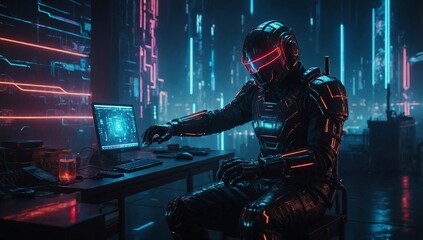Techno Geek at Work: Embracing Futuristic Vibes with Black Armor and a Sleek Daft Punk Helmet