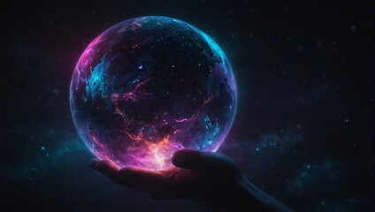 Enigmatic Glowing Globe in Hand: A Captivating Fusion of Purple and Blue Radiance on a Dark Background
