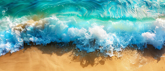 The breathtaking image showcases the foamy textures of a sea wave as it washes onto a golden sandy beach from above