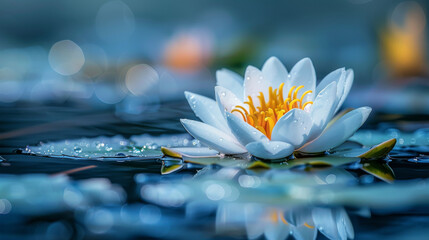 An immaculate white water lily highlighted by water droplets and soft blue water