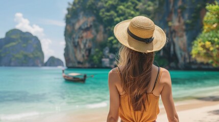  Traveler woman on vacation beach joy nature view scenic landscape island Krabi, Attraction famous popular place tourist travel Phuket Thailand summer holiday trips, Tourism beautiful destination Asia