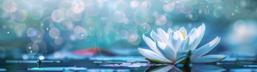 A peaceful imagery depicting a blue-toned lotus flower gently floating on the water with soft bokeh highlights