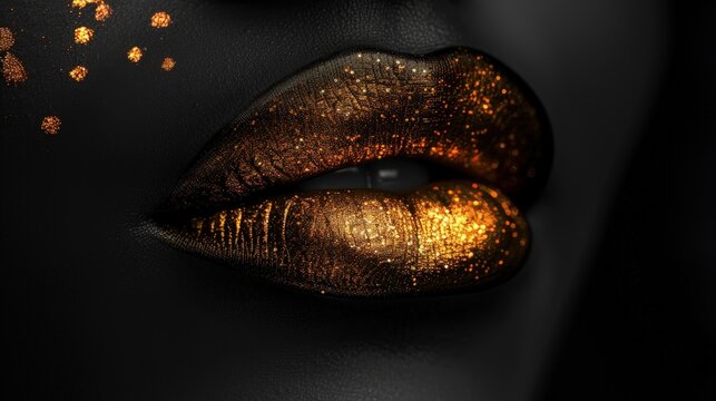 Close-up of golden lips on a black textured background, Concept of luxury, bold beauty, and abstract art