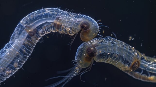 A sideview shot of a pair of nematodes with the males clearly visible as it wraps around the females body.