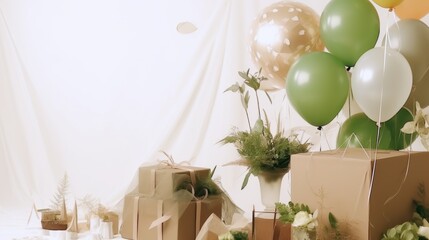 Eco birthday party with fresh cut flowers, transparent balloons, homemade cakes, eco paper gifts, origami, glitter with scattered green leaves, on beige neutral background --ar 16:9 --quality 0.5 -