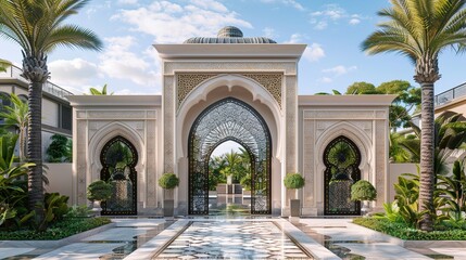 A main gate design inspired by cultural motifs or architectural styles from around the world, incorporating elements such as Moroccan tilework, Japanese lattice patterns, or Indian arches.