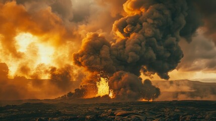 Thick billowing clouds of smoke and ash rise into the sky as molten lava bursts through the ground with unstoppable force.