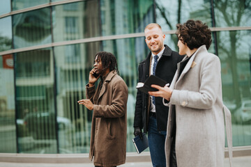 Three diverse business professionals engaged in conversation while walking outside a contemporary office building, reflecting urban corporate life.