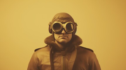 photo Stoic pilot in retro aviation jacket and 1940s goggles on beige background, old film effect --ar 16:9 --quality 0.5 --stylize 0 --v 5.2 Job ID: e0b428a4-67cc-42d5-bbed-343d29754899