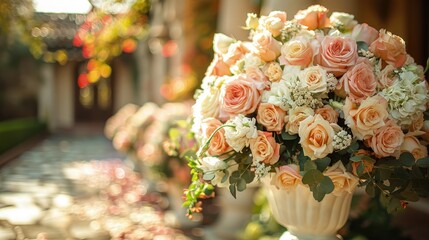 Elegant flower arrangement along a wedding aisle, Concept of matrimonial celebration, decor, and romantic ambiance
 - obrazy, fototapety, plakaty