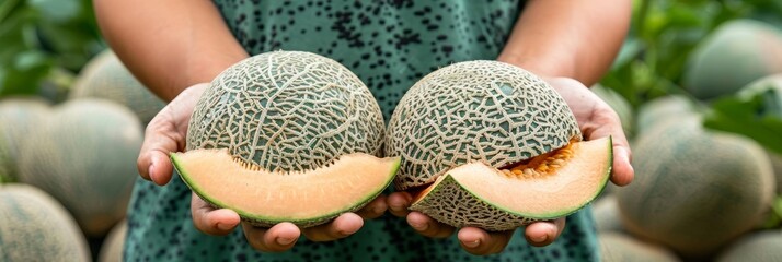 Hand holding cantaloupe slice on blurred background with copy space for text placement