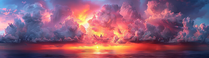 Wide panoramic view capturing the serene moment of sunset over the ocean beneath dynamic clouds - obrazy, fototapety, plakaty