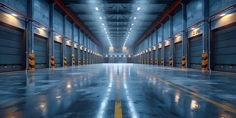 Modern industrial design featuring a roller door and polished concrete floor in a factory warehouse or hangar. Concept Industrial Design, Roller Door, Polished Concrete Floor, Factory Warehouse