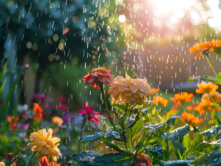 A sunlit, rain-drenched garden full of colorful flowers, illuminated by a soft sunlight creating a magical feel