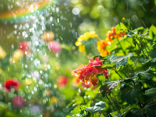 The enchanting scene of rain falling on bright marigold flowers with the sun breaking through the clouds