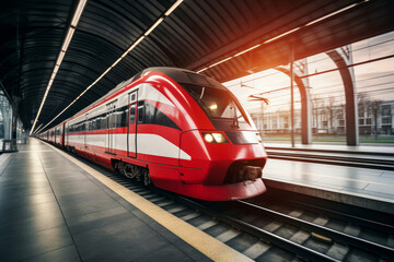 A high-speed modern streamlined train awaits passengers on the platform of the railway station - obrazy, fototapety, plakaty