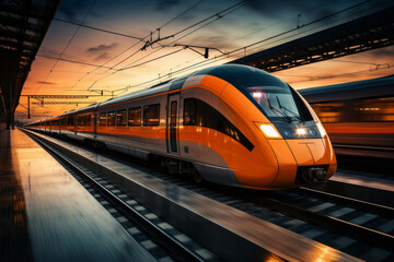 Fototapeta premium Modern high-speed train with streamlined design at busy railway station platform outdoor