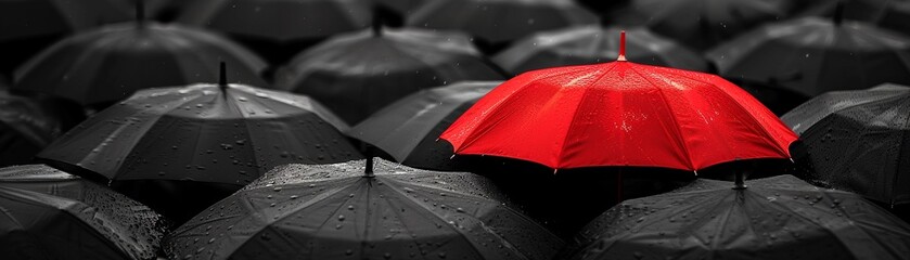 A red umbrella amidst a sea of black umbrellas, symbolizing individuality, distinctiveness, and a different perspective within a conforming society, - obrazy, fototapety, plakaty