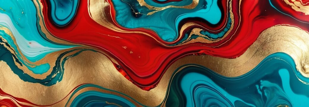Elegant texture of blue, gold and red marble, flower pattern. Luxury gold and blue marble pattern, oil paint, alcohol ink style. Background and wallpaper concept. top view
