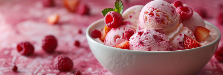 Closeup of strawberry ice cream topped with fresh strawberries and raspberries in a white bowl