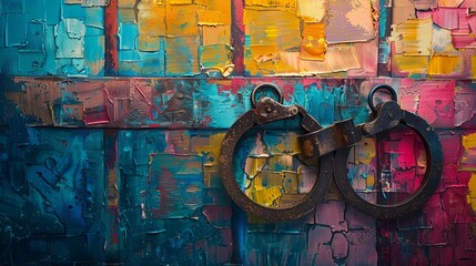 Symbolizing escape and newfound freedom through the imagery of open handcuffs against the backdrop of a cage, vibrant