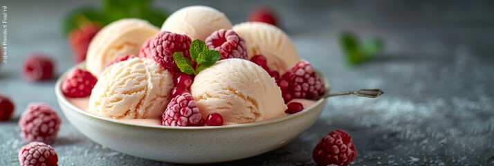 Elegant scoops of vanilla ice cream adorned with raspberries and mint in a ceramic bowl, ready to be enjoyed