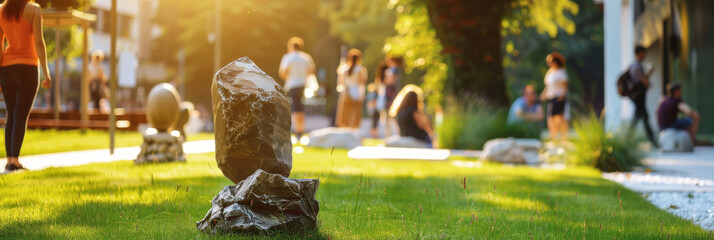 A rugged monolithic stone sculpture rises from the ground in a busy park inviting contemplation amidst urban life