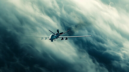 Fototapeta na wymiar MQ-9 Reaper drone flying fast through the clouds, military technology concept