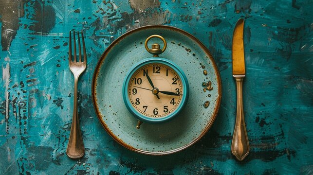 Promoting health through intermittent fasting illustrated with an empty plate and clock, emphasizing time-restricted eating,