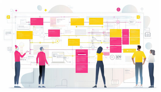 Customer Journey Mapping: Visualize UX designers mapping out customer journeys, optimizing user experiences, and enhancing digital interactions