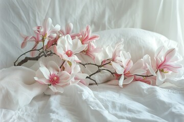 a flowering magnolia is on a white pillow