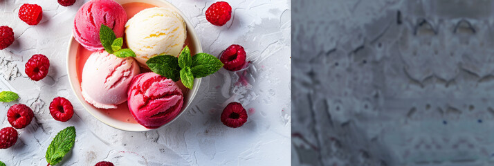 Vibrant pink and white ice cream scoops accented with fresh raspberries and mint in a sunny setting