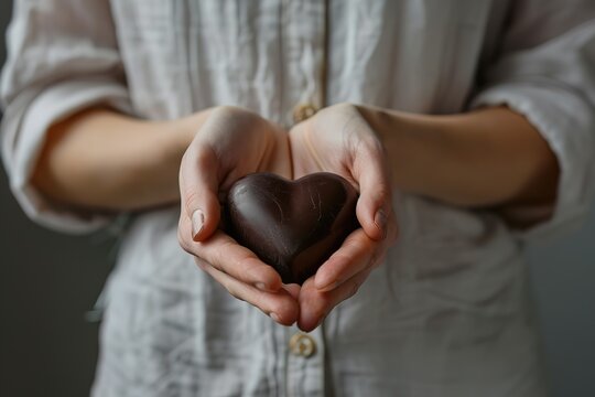a person holding a chocolate heart dessert over grey