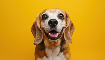 Cheerful Beagle Portrait: A delightful Beagle posing against a vibrant yellow backdrop, showcasing its friendly and playful demeanor