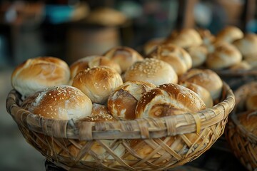 A basket full of bread with a variety of shapes and sizes. The bread is golden brown and looks freshly baked