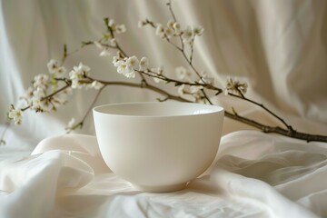 A white bowl sits on a white cloth with a branch of flowers and rocks in the background. The bowl is empty, and the flowers and rocks create a serene and peaceful atmosphere inside