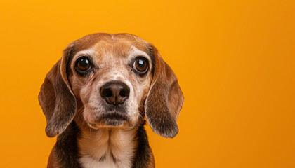 Cheerful Beagle Portrait: A delightful Beagle posing against a vibrant yellow backdrop, showcasing its friendly and playful demeanor - obrazy, fototapety, plakaty
