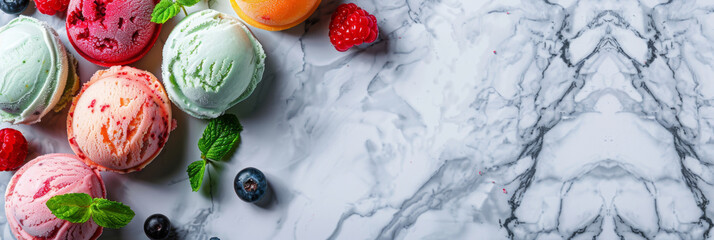 Top view of colorful ice cream scoops garnished with berries and mint leaves on a marble countertop