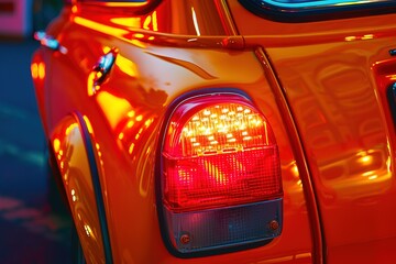 close up view of an orange car with red lights