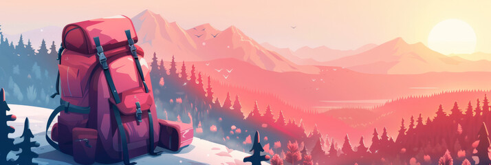 A digital illustration of a red backpack against a serene mountainous backdrop with a warm sunset
