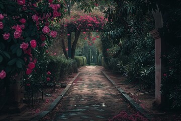 A path through a garden with pink flowers and a stone walkway