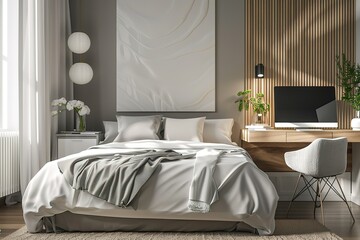 A bedroom with a white bed, a desk with a computer, and a television