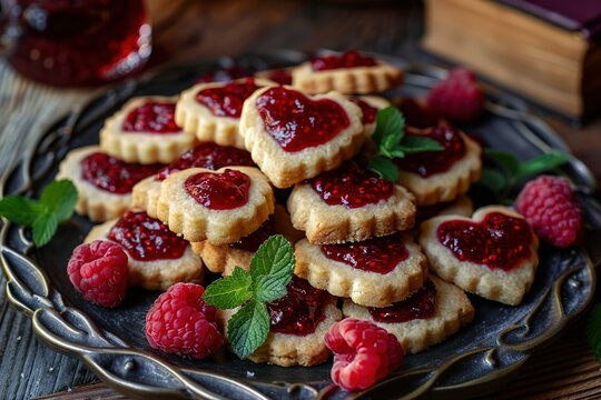 A plate of heart-shaped cookies with raspberry jam on top. The cookies are arranged in a pile, and there are several raspberries scattered around the plate. Concept of warmth and comfort