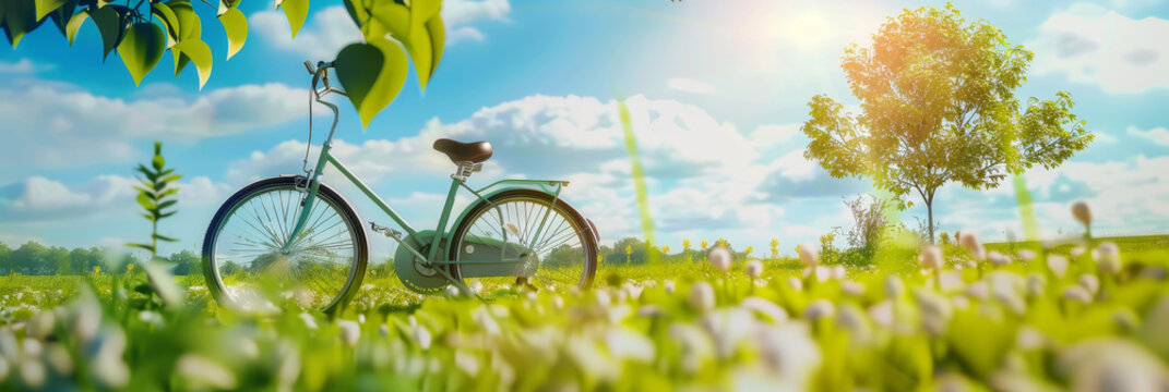 A classic bicycle with a saddle stands in a bright summer field with the sun shining through trees