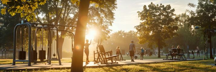 An outdoor gym with various exercise equipment basked in golden sunlight with people exercising