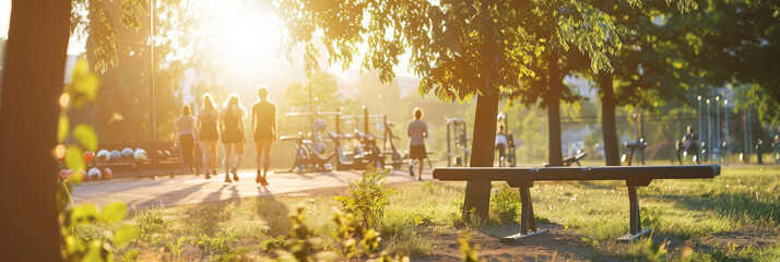 A warm sunset bathes a lively park scene with people exercising and relaxing among trees and park benches